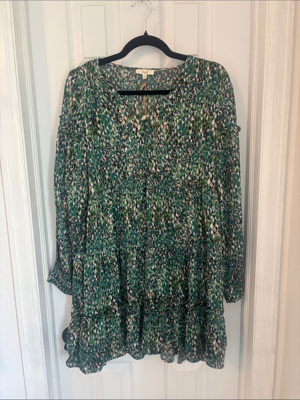 easel Green Multi-Pattern Long Sleeve Tiered Dress